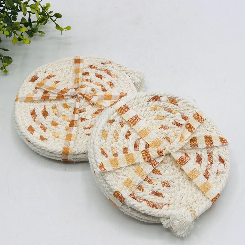 One Set of 4 Rope Coffee Coasters Cotton Tan Beige Orange Gingham Design Boho 5"